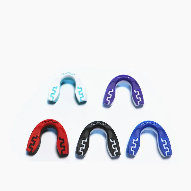 Adult boxing sports mouthguard with tooth socket free design in black, red, or blue with white teeth print.