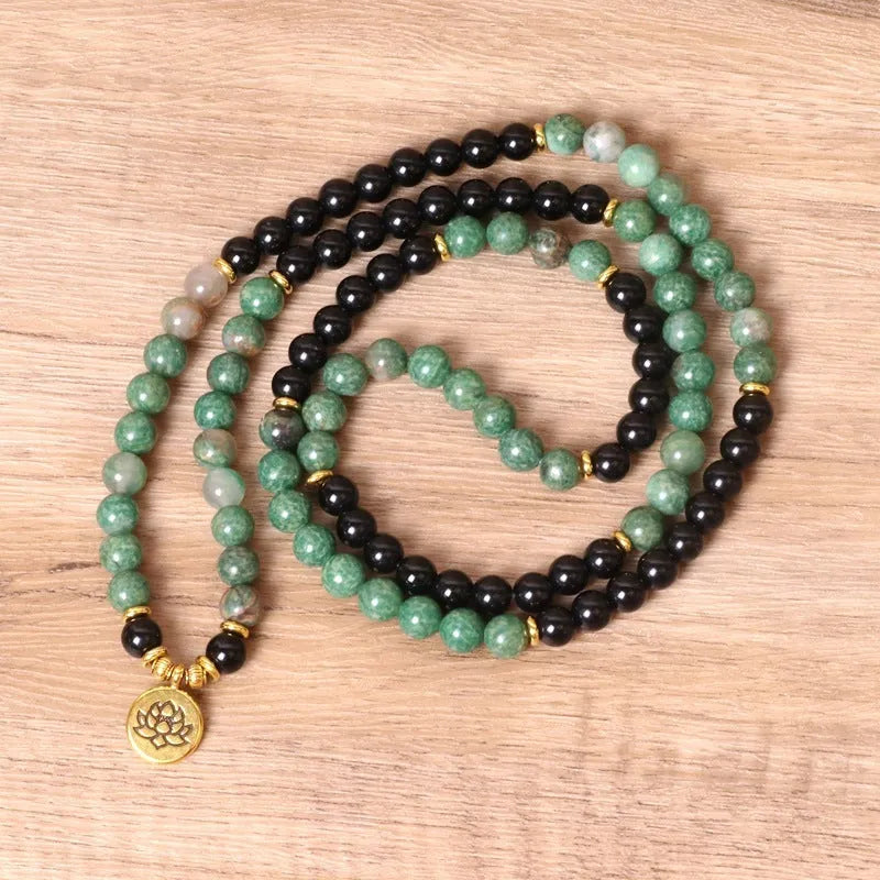Green and black elastic beaded long bracelet with natural style alloy components