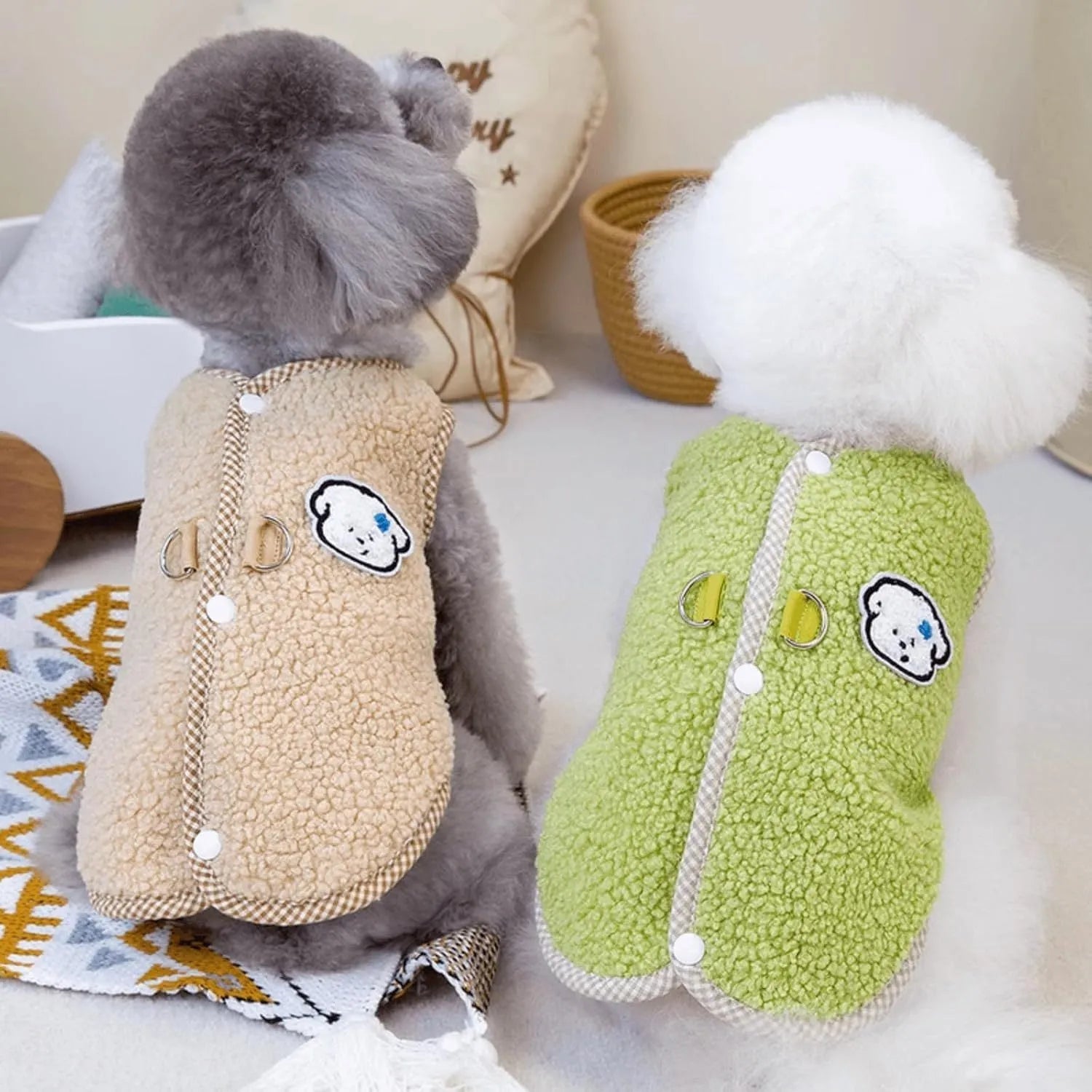 Green coral fleece dog sweatshirt vest with leash ring for small dogs in size medium