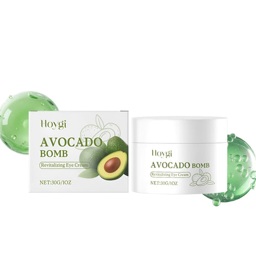 30g container of avocado anti-ageing eye cream with glycerin, shea butter, and vitamin E.