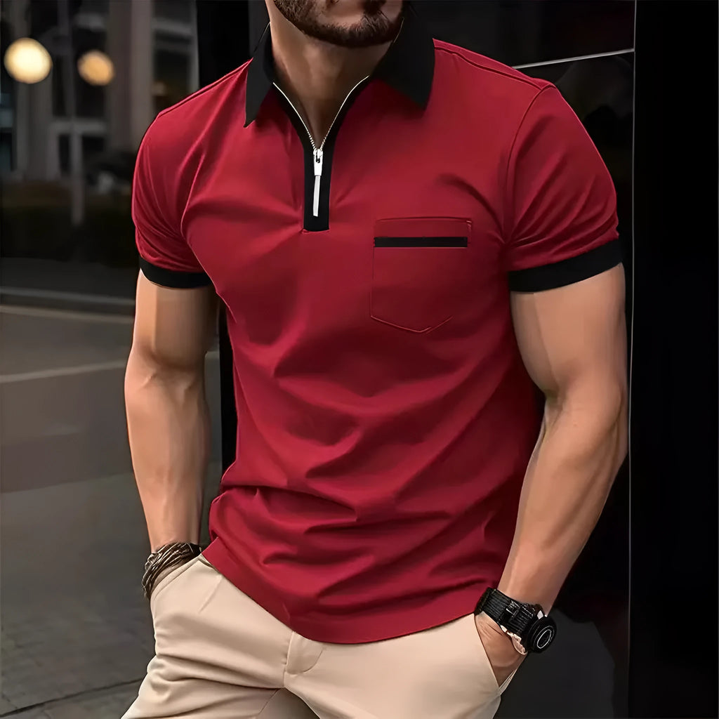 Men's loose fit short sleeve casual shirt with chest pocket and contrasting collar detail