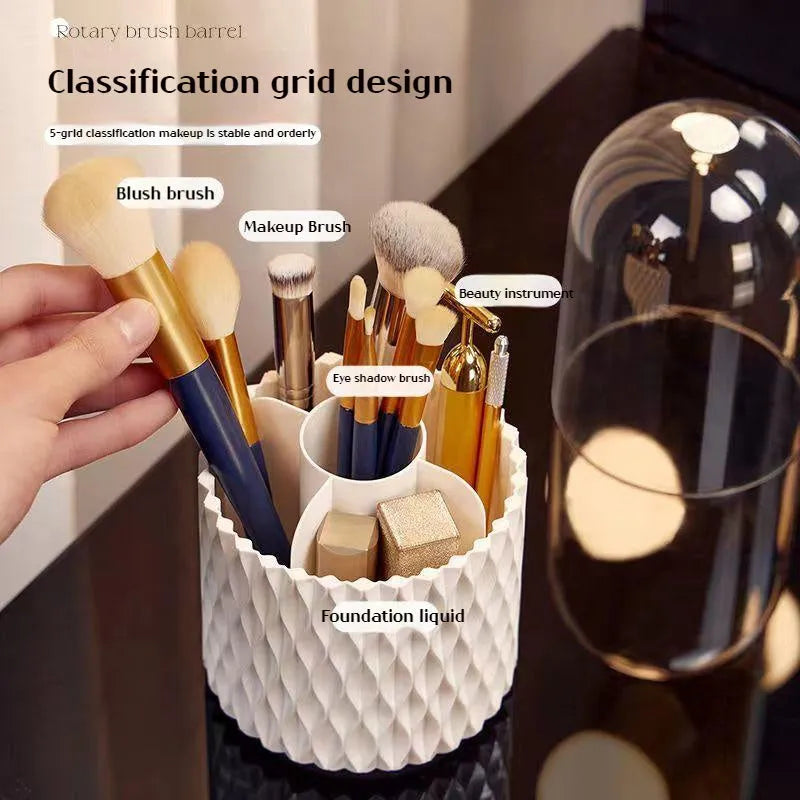 White transparent acrylic makeup brush holder with lid on a desktop, showing rotating base.