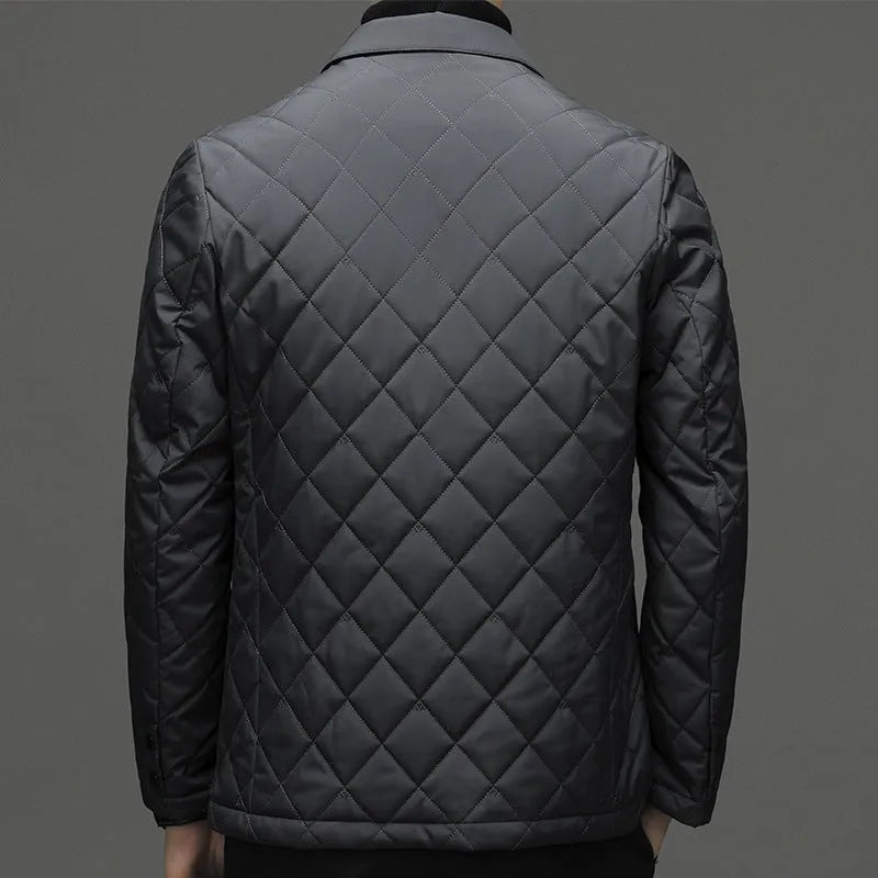 Men's black lapel collar down jacket in cardigan style with side seam pockets
