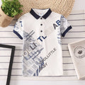 Boys' red cotton short sleeve t-shirt with a lapel collar on a hanger.