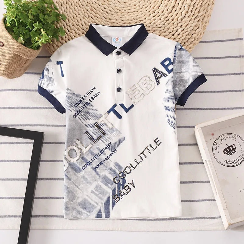 Boys' red cotton short sleeve t-shirt with a lapel collar on a hanger.