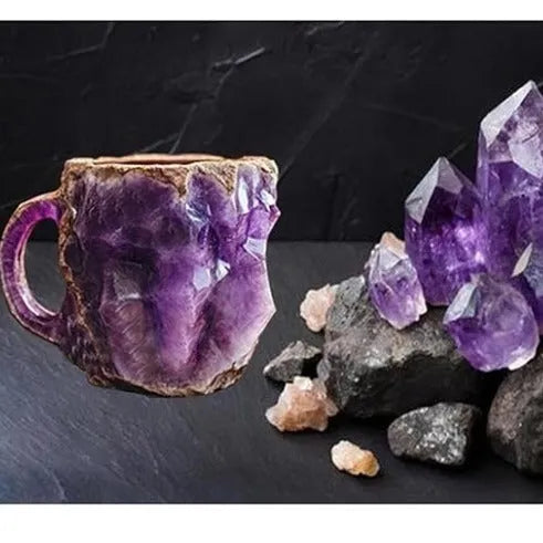 Resin mineral crystal coffee mug with handle in purple colour, showing 3D texture.