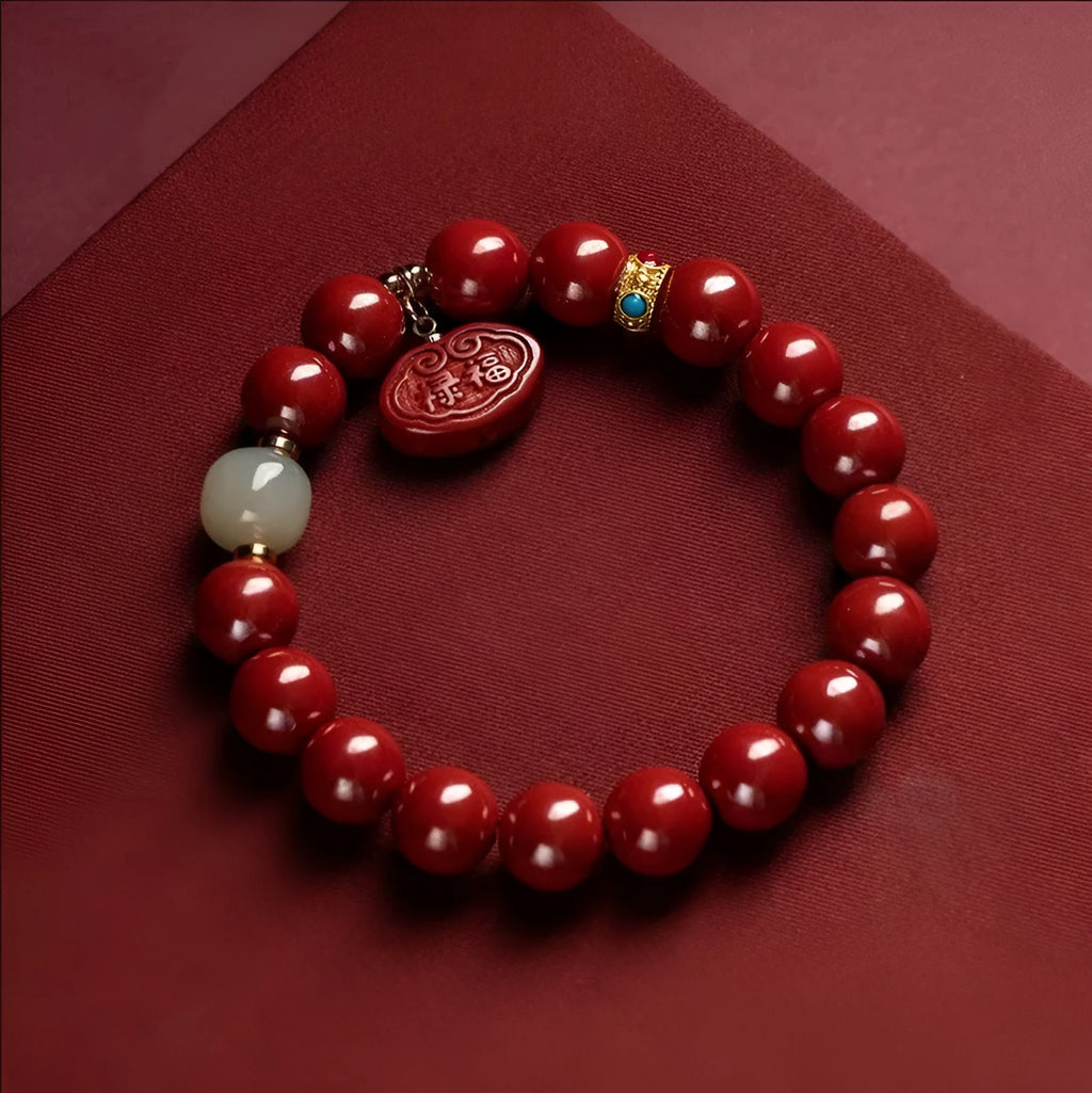 Natural cinnabar bracelet with emperor sandstone Ping An Fu Lu design, shown in 8mm and 10mm bead size options.