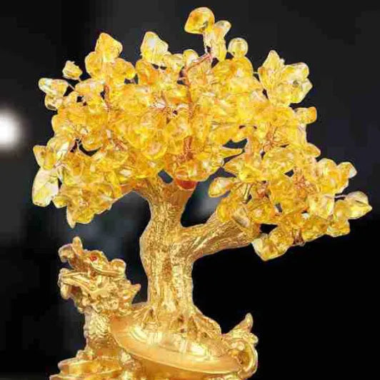 Citrine coloured resin turtle money tree Feng Shui ornament measuring 18 by 11 by 23 centimetres