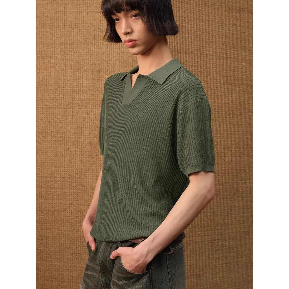 Men's striped collar polo shirt in ice silk fabric shown in creamy-white colour