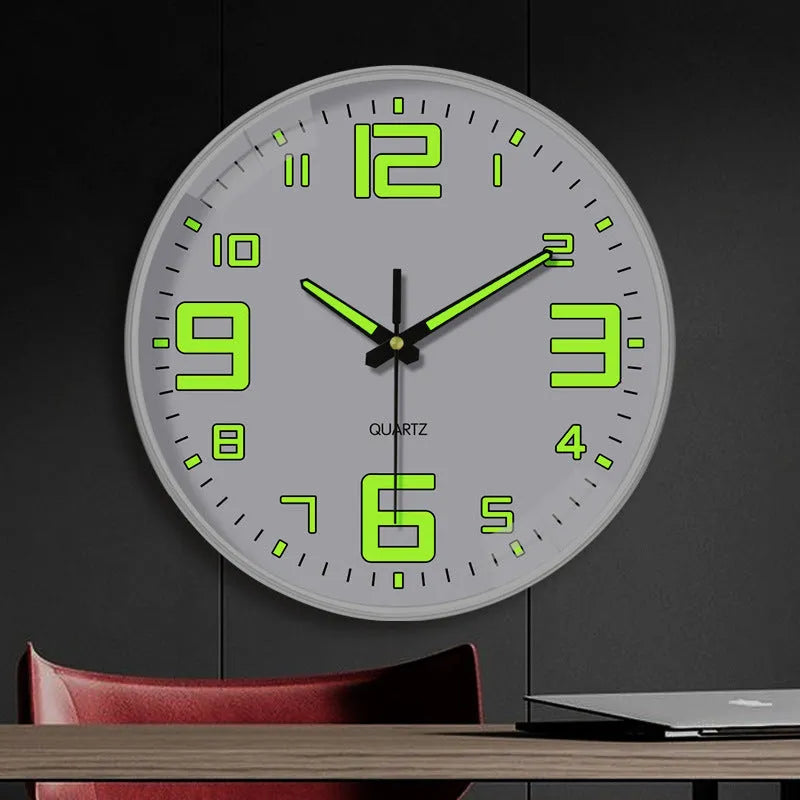 20cm modern wall clock with luminous hands and a thick plastic shell in multiple colour options.