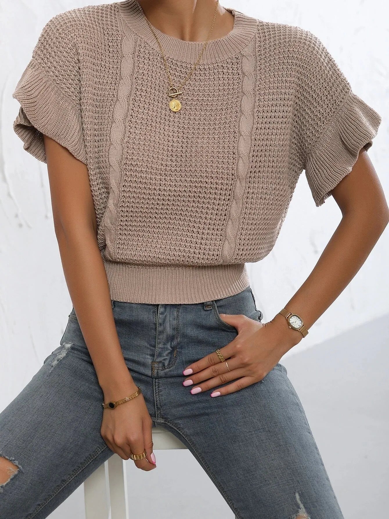 Twisted string ruffled sleeve knitted pullover sweater with 3D stereo pattern in dark brown colour
