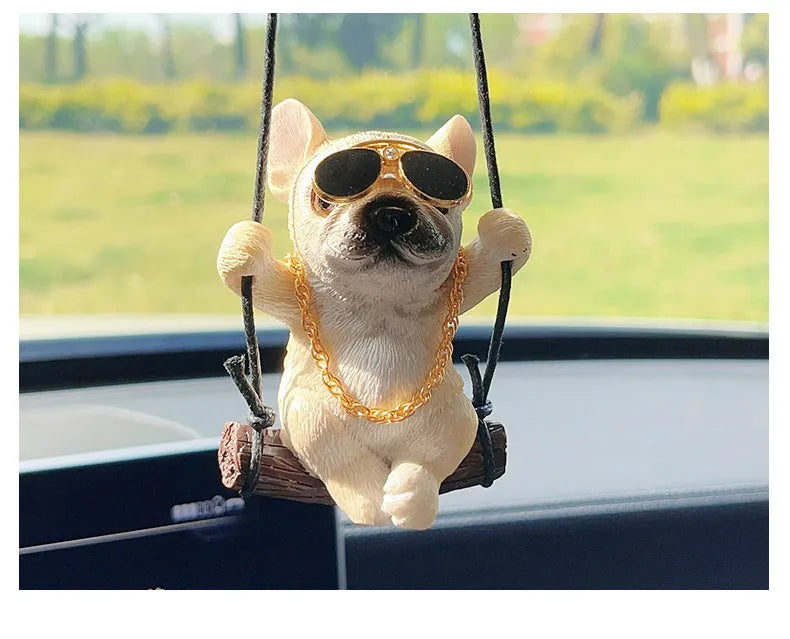 Cartoon-style resin bulldog hanging ornament for car rearview mirror in black colour