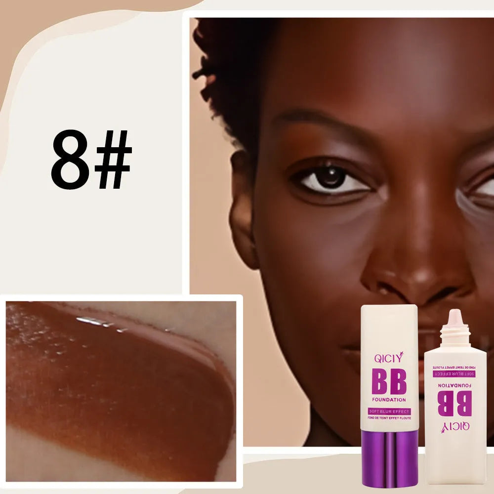 Squeezable plastic bottle of brightening BB cream liquid foundation in one of ten available shades.