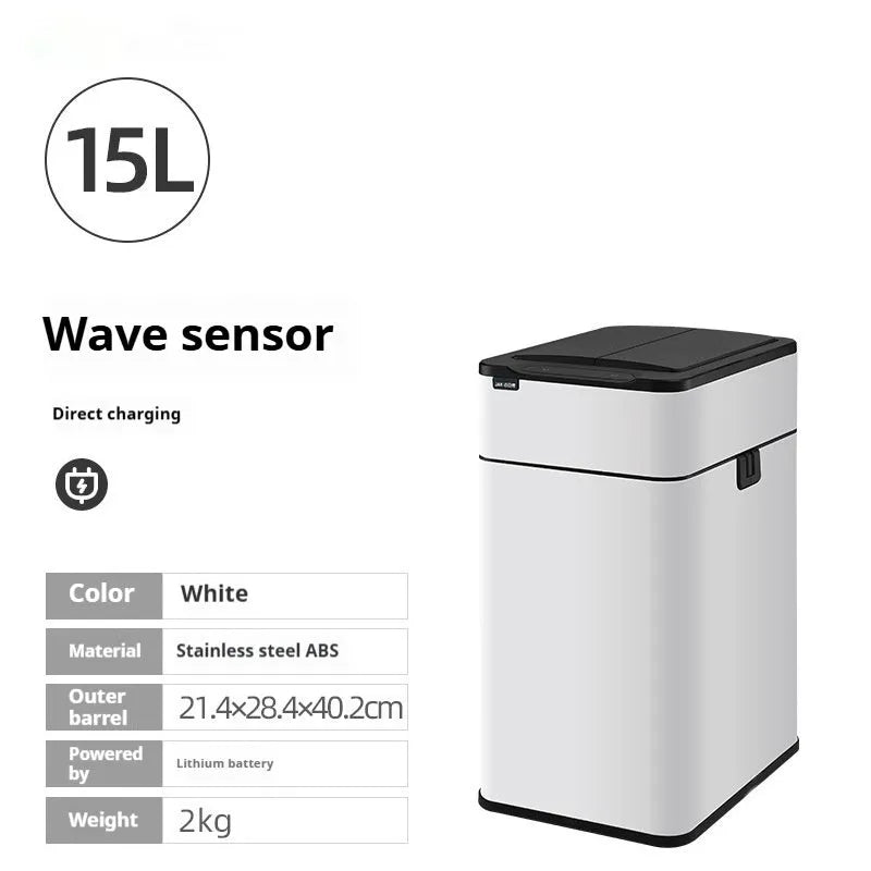 Square stainless steel inductive smart trash can with sensor lid.