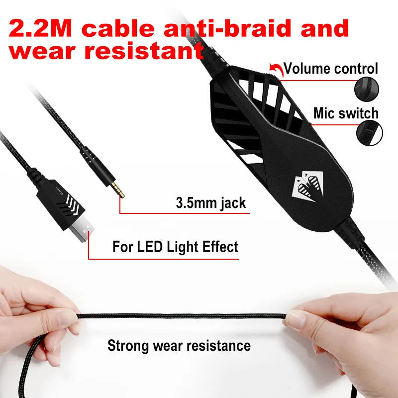 Wired gaming headset with microphone and breathing light in multiple colours