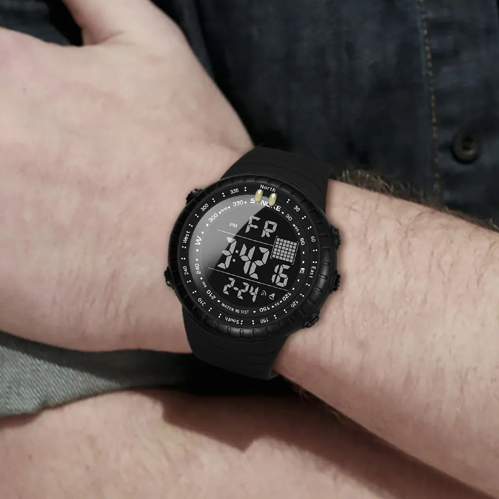 Black men's outdoor electronic watch with 54.74mm plastic case and PU strap WR50M waterproof