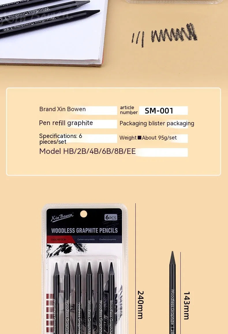 Set of six graphite sketching pencils in grades HB, 2B, 4B, 6B, 8B, and EE.