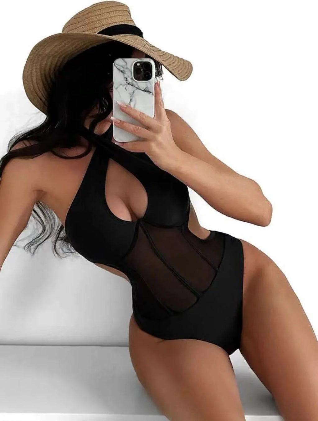 Women's black one-piece swimsuit bikini made from nylon and spandex fabric