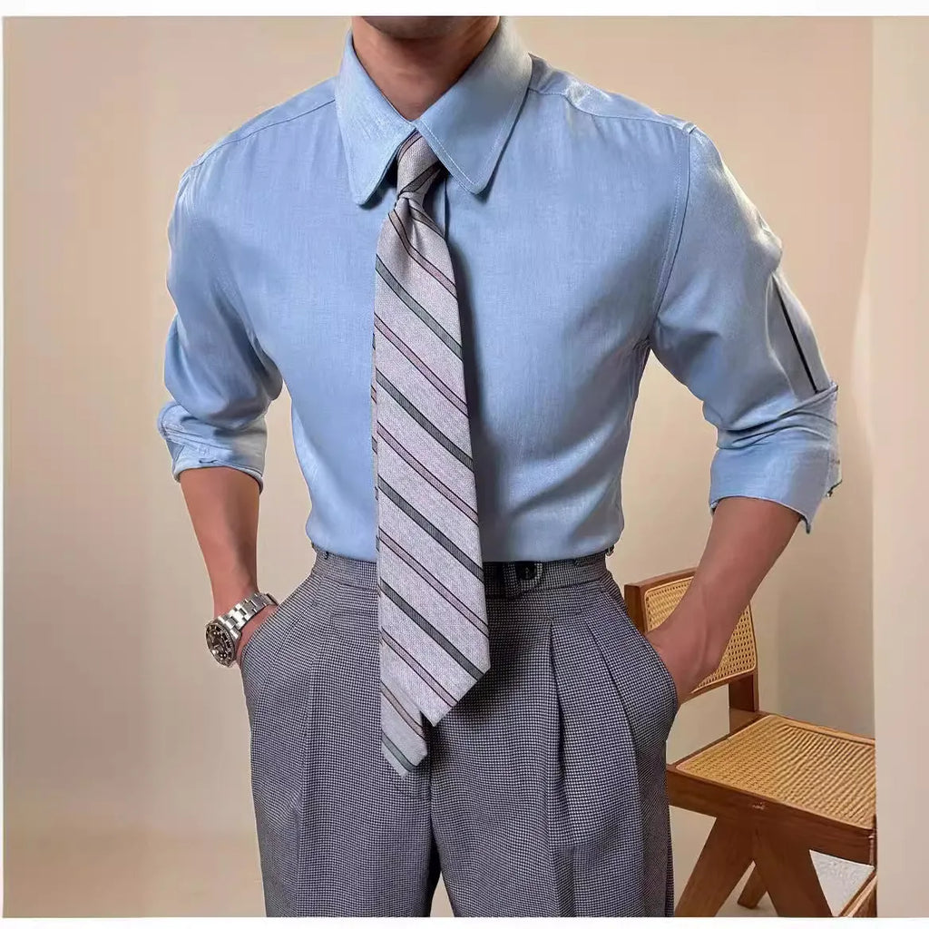 Men's slim fit long sleeve round collar shirt in light blue and dark blue colour options
