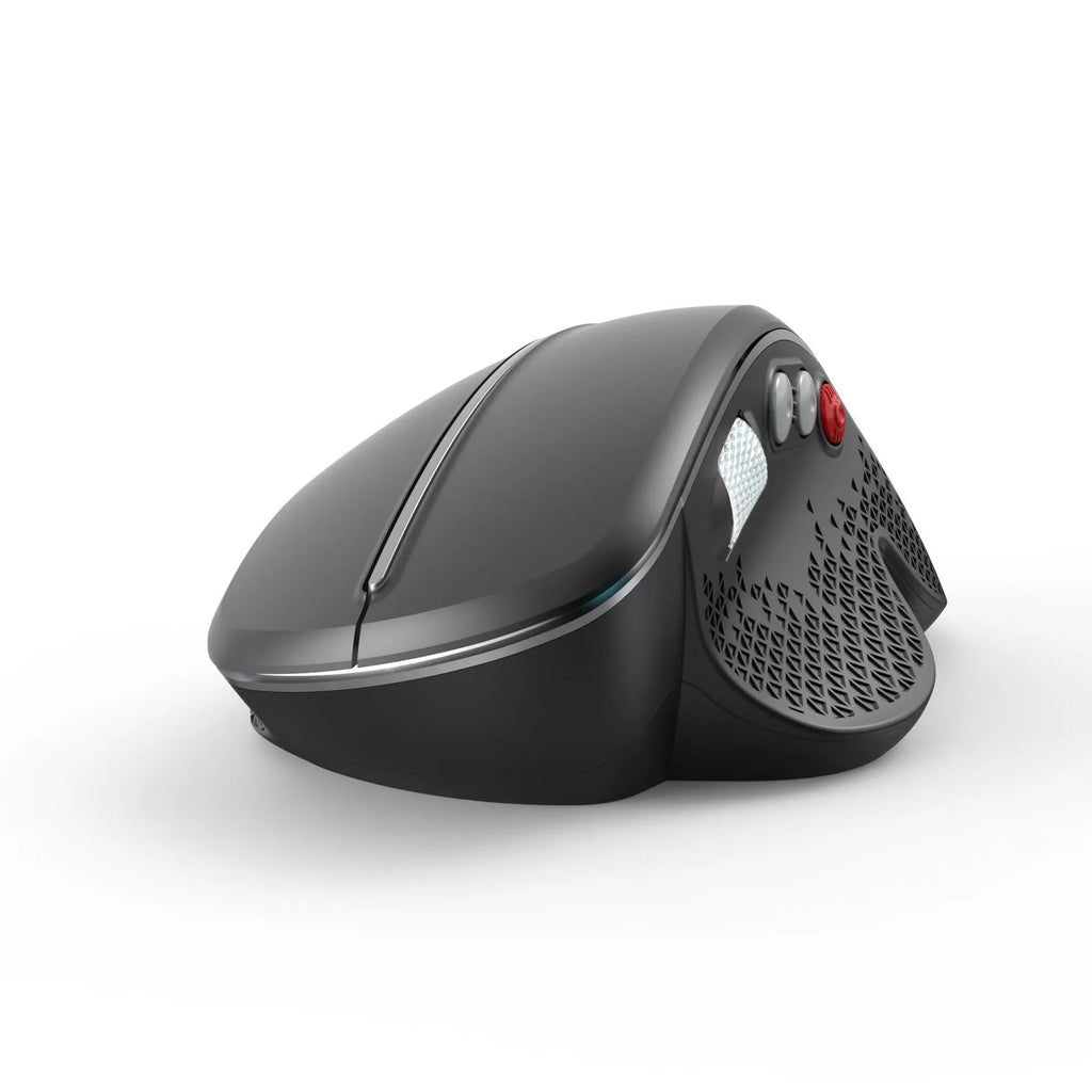 T32 black vertical wireless ergonomic mouse with aluminium side roller wheel on a desk