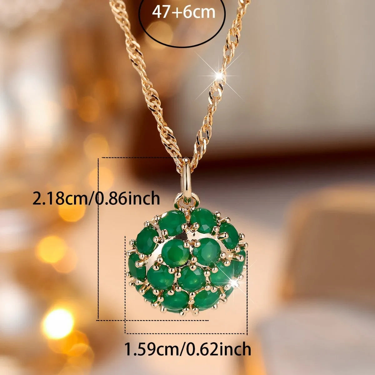Round geometric emerald diamond necklace with champagne gold finish and adjustable chain