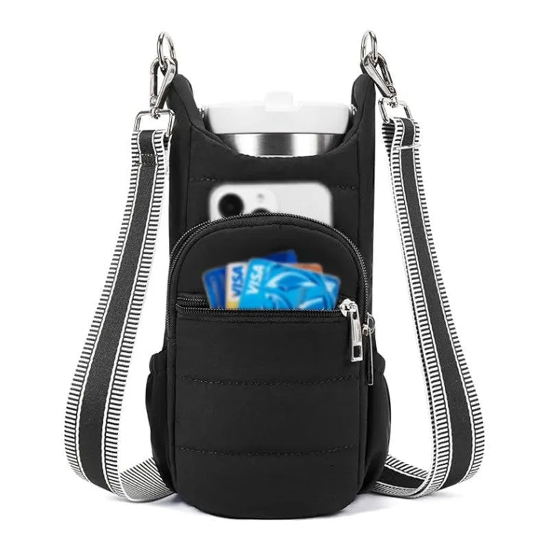 Cloth water bottle bag for bicycles in black, pink, or beige colours