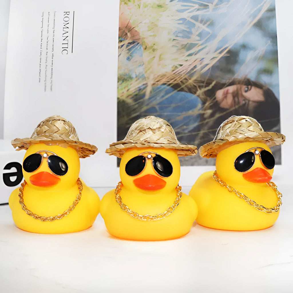 Yellow duck wearing straw hat car dashboard ornament with sunglasses necklace accessory