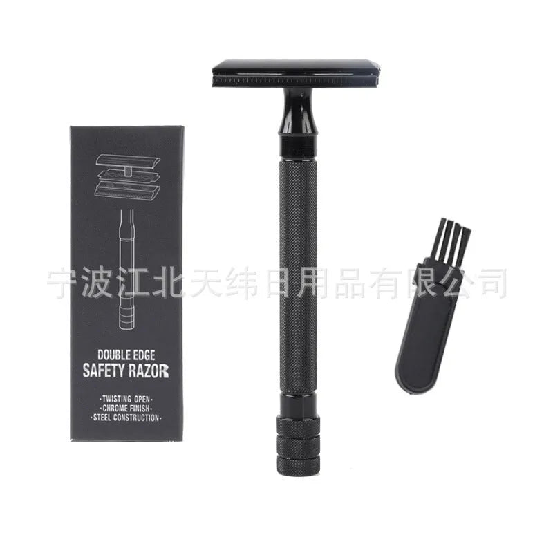 Traditional manual safety razor and shaving brush combination set in black or silver finish