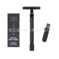 Traditional manual safety razor and shaving brush combination set in black or silver finish