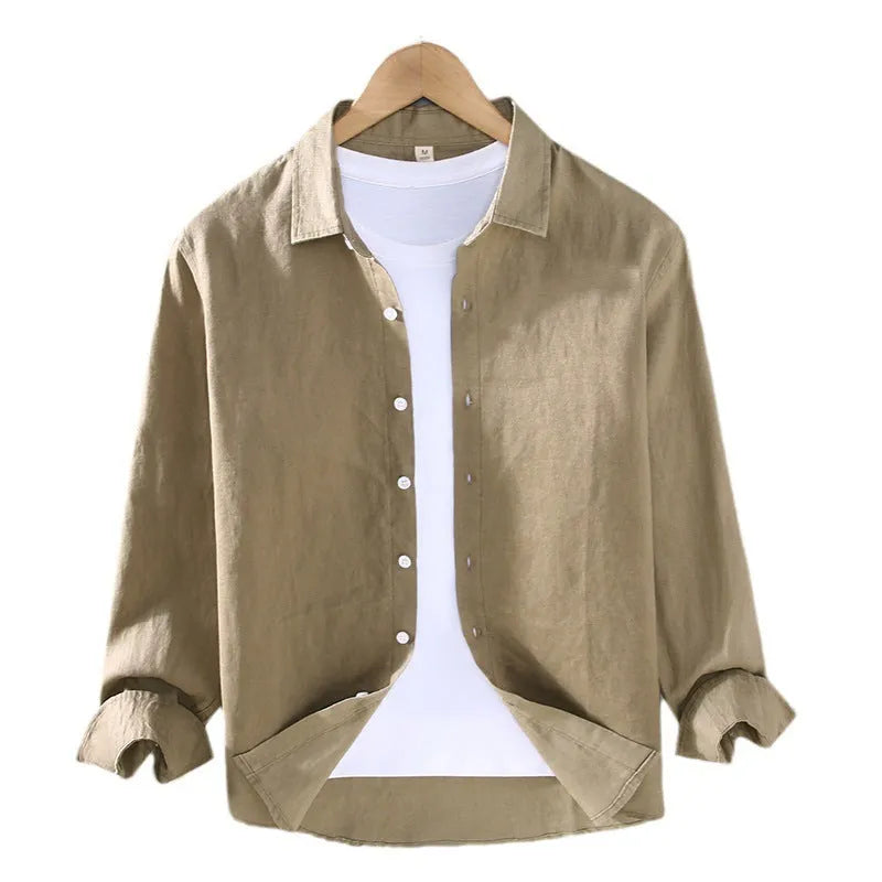 Men's linen shirt in cardigan style with long sleeves, showing solid colour options