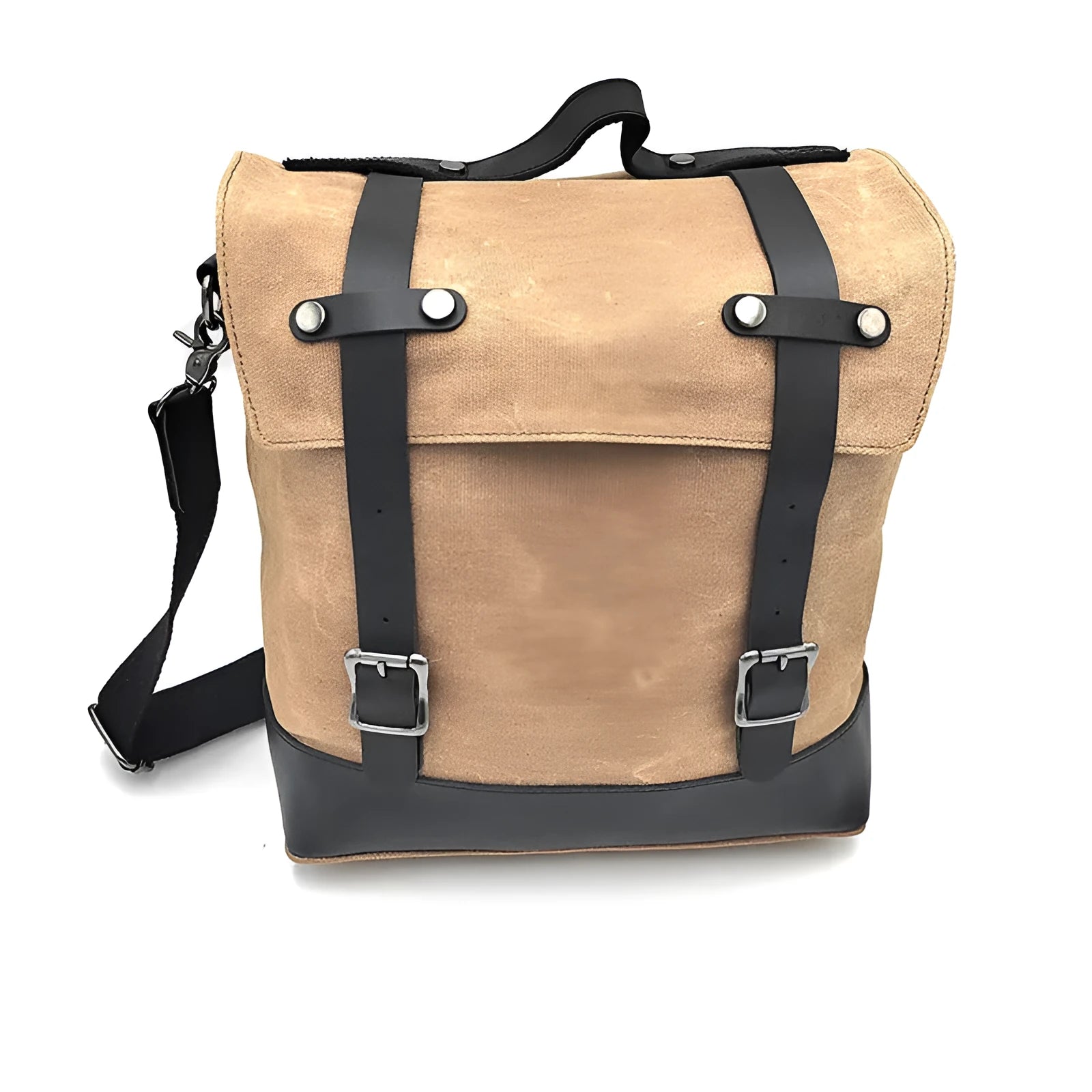 Motorcycle side bag made of waterproof canvas with cowhide accents measuring 300x280x150mm