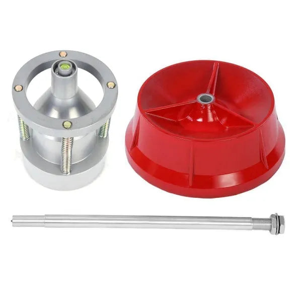 Portable hub balancer tool with aluminium head and enamel-finished base for wheel balancing.
