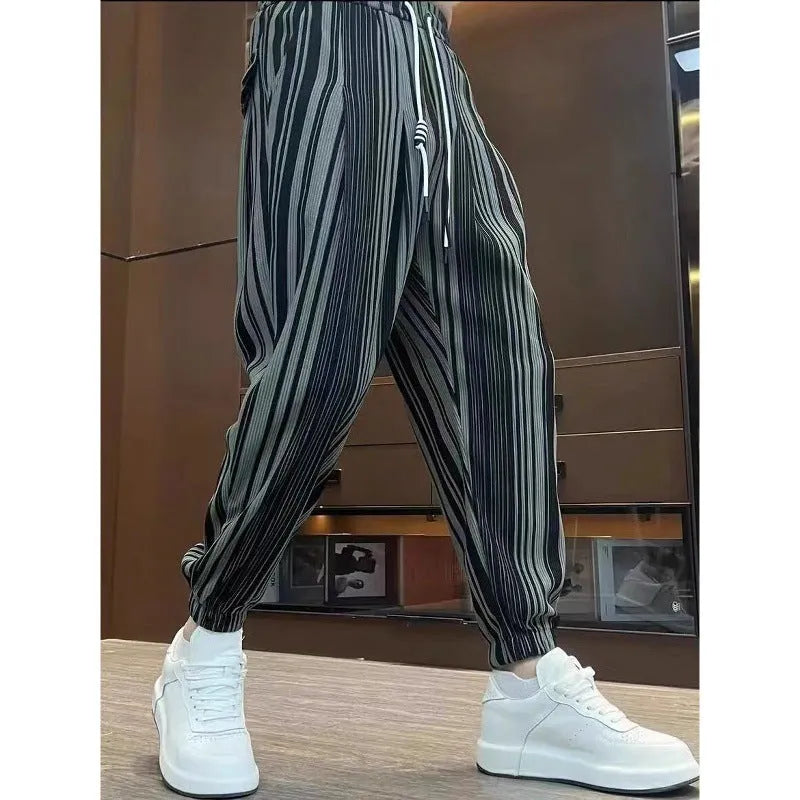 Men's ankle-tied Harlan casual thin cropped ice silk trousers in white or dark grey with striped pattern, sizes M-3XL