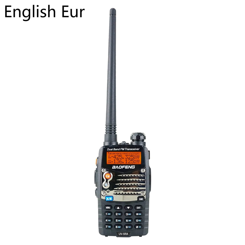 Baofeng UV-5RA black handheld dual-band transceiver with dual display screen and antenna.