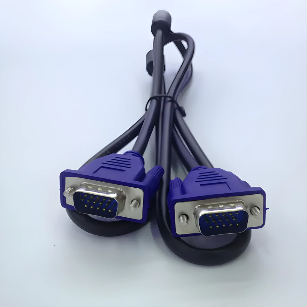 Black 1.5 metre VGA cable with nickel-plated connectors and blue mould strain relief