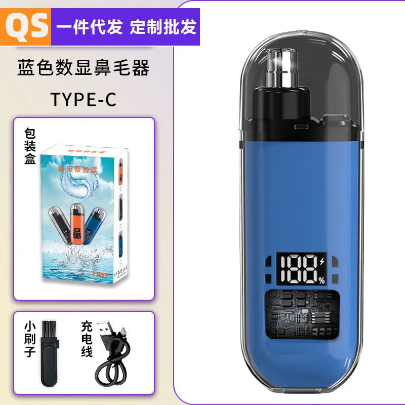 Rechargeable nose hair trimmer with digital display in black, blue or orange colours