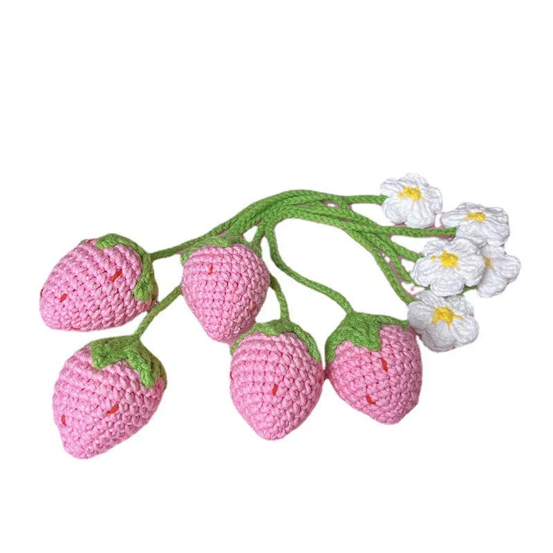Wool crochet strawberry pendant necklace in pink or red colour with 35cm chain length