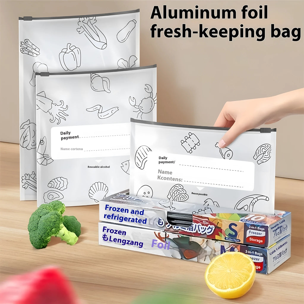 Set of aluminium foil sealed fresh bags and boxes in three sizes for food storage.