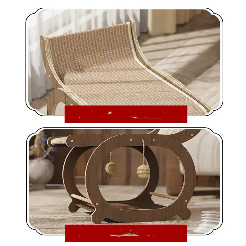 Solid wood sisal cat scratching mat in recliner style, walnut colour option