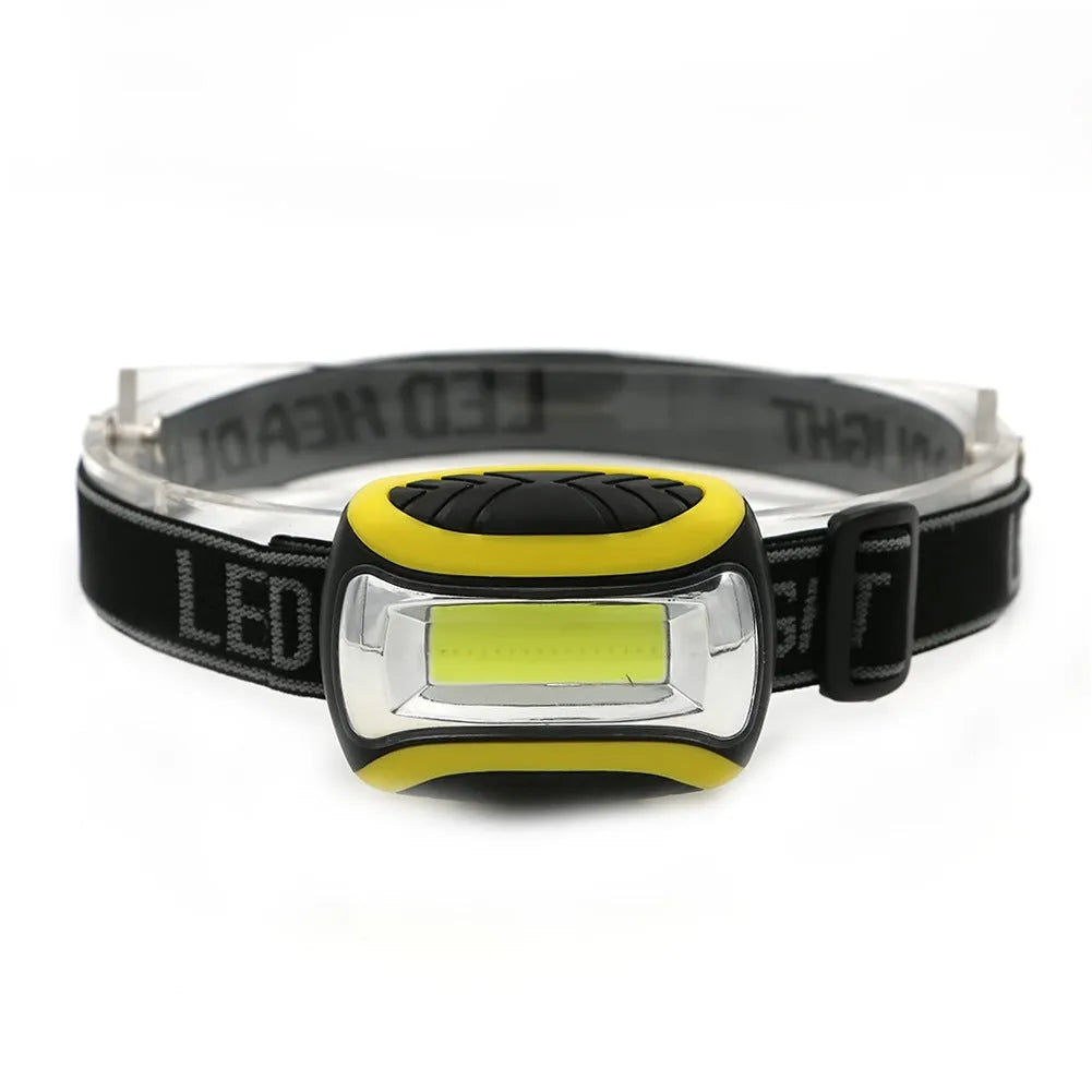 Yellow plastic three-speed COB LED headlamp for outdoor night riding and work light.