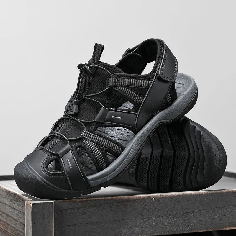 Men's blue mesh sports shoes with velcro closure and rubber sole on outdoor surface