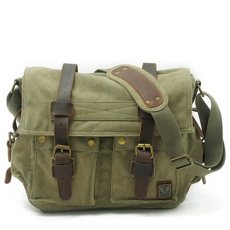 Men's 38cm wide canvas crossbody bag with cowhide trim in retro postman style