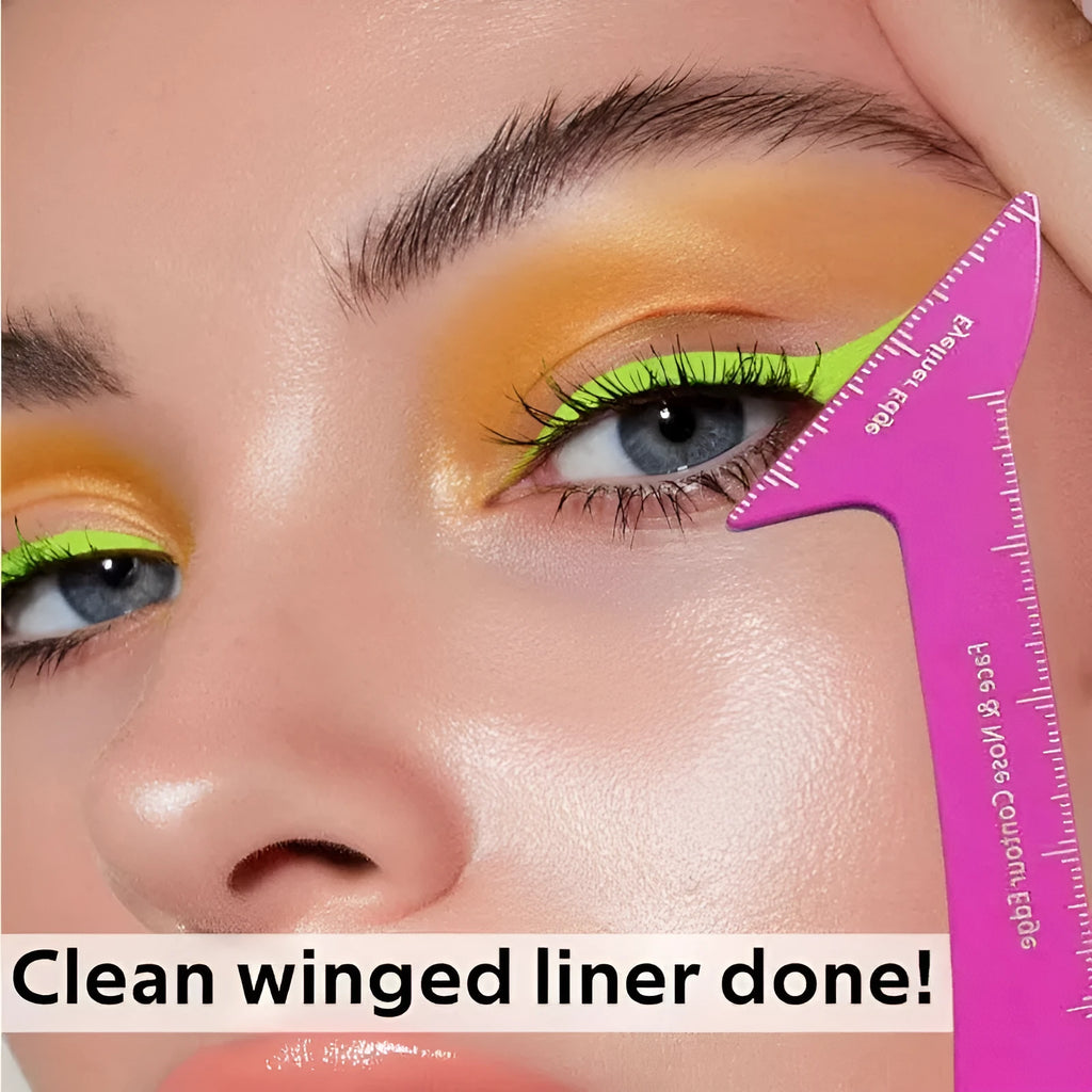 Reusable 3-in-1 plastic makeup stencil for winged eyeliner, eyebrows, and face contour on hooded eyes.
