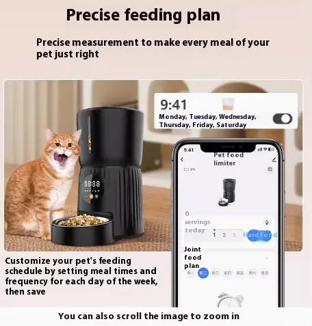 Black and white automatic pet feeder with food storage hopper and USB power connection