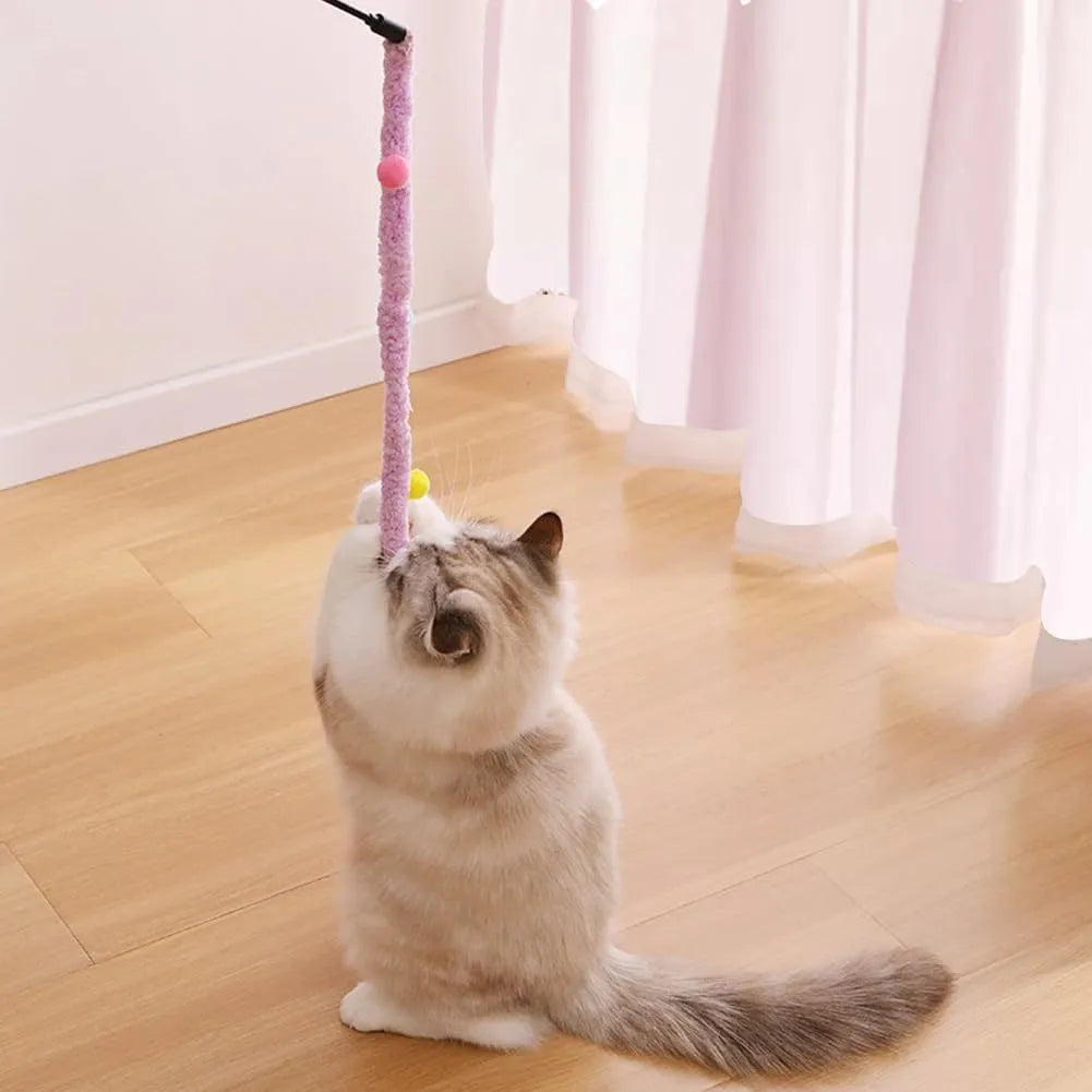Cat wand toy with colourful plush strip, fluffy ball, and bells on a 41cm pole
