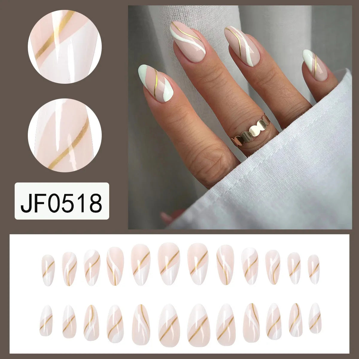 Golden lines plaid pattern wearable nail stickers in medium drop shape with jelly glue.