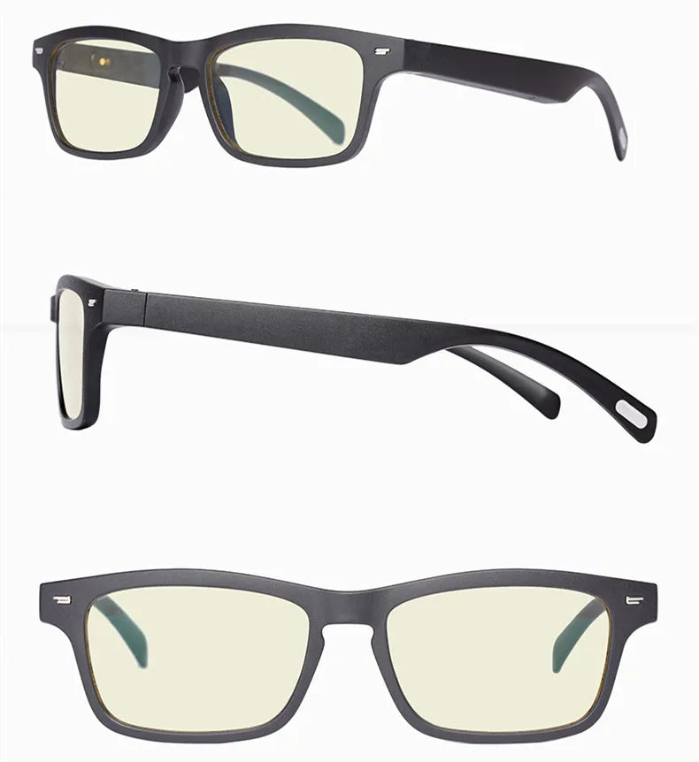 Smart glasses with semi-open Bluetooth audio design showing temple speakers and UV-protective lenses