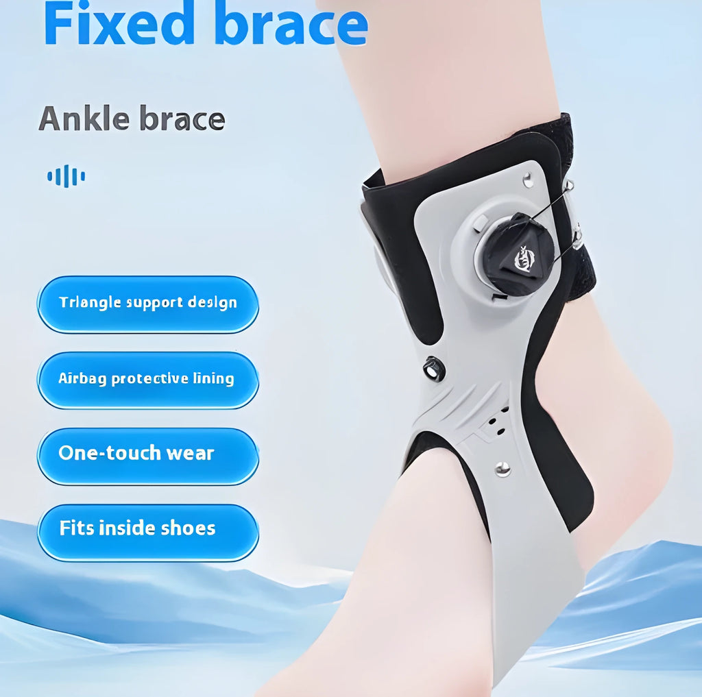 Grey ankle support brace with airbag button closure system for left foot