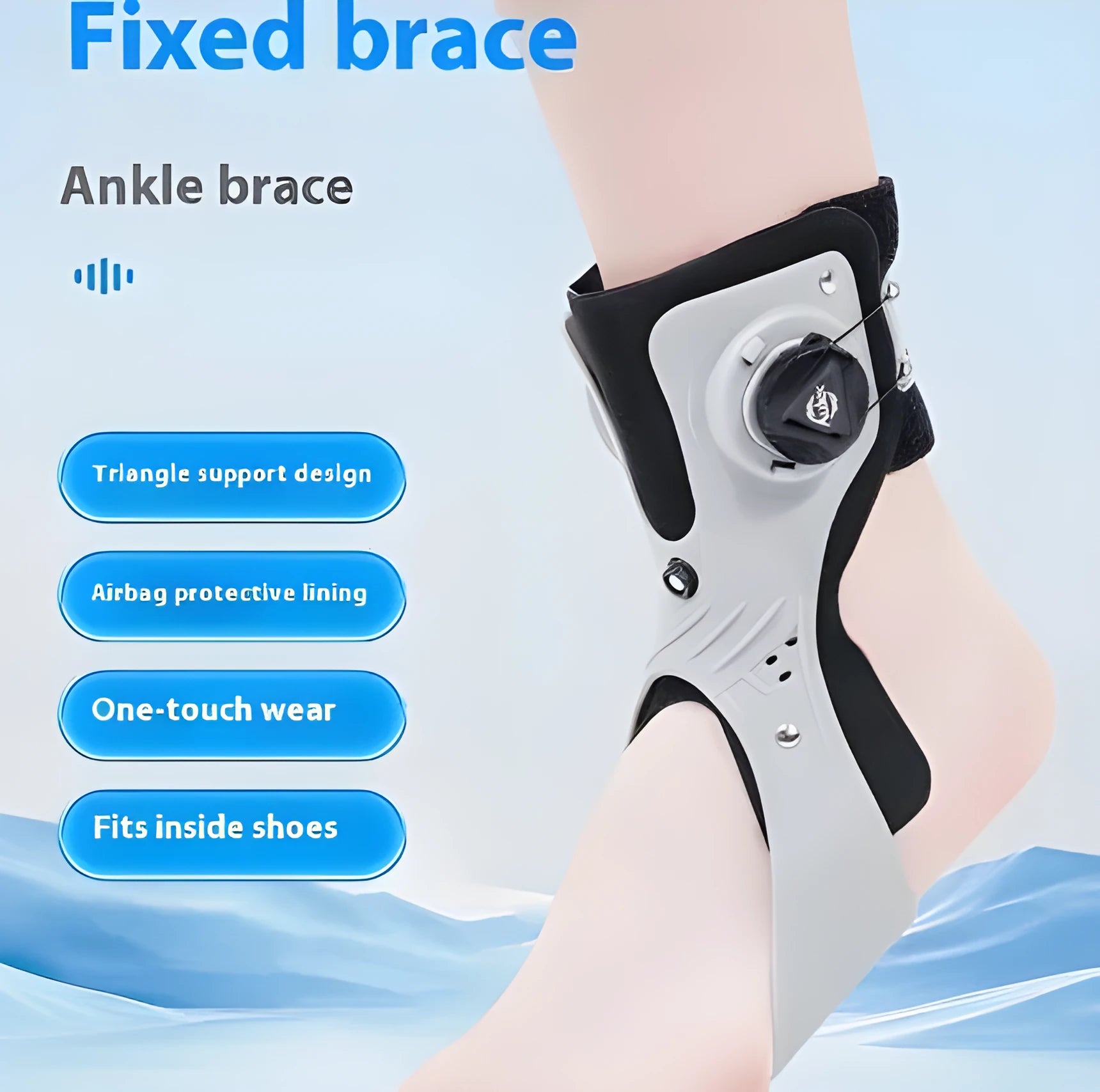 Grey ankle support brace with airbag button closure system for left foot