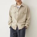 Men's cotton blend long sleeve shirt with simple lapel in light sand rice colour